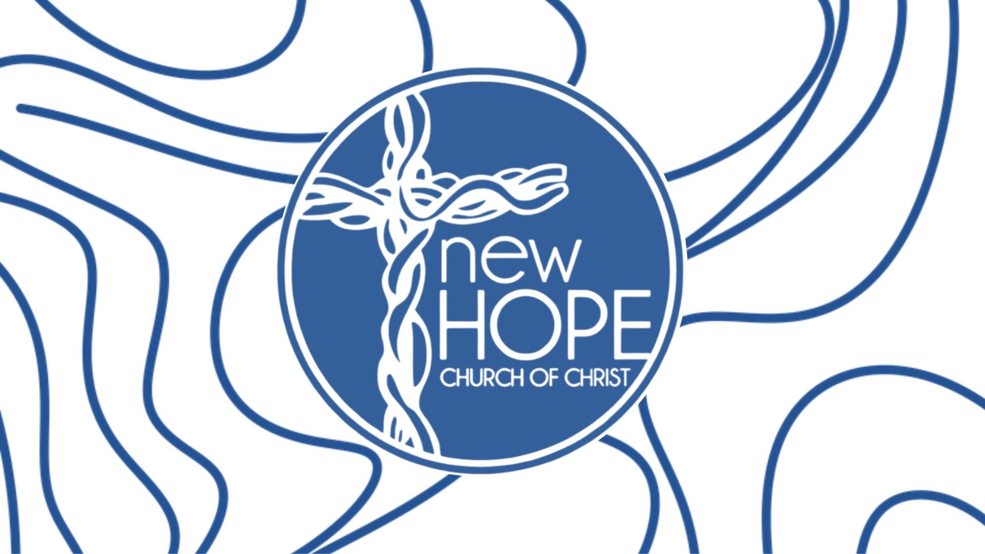 Blue New Hope church logo with a white cross and flowing abstract lines on a white background