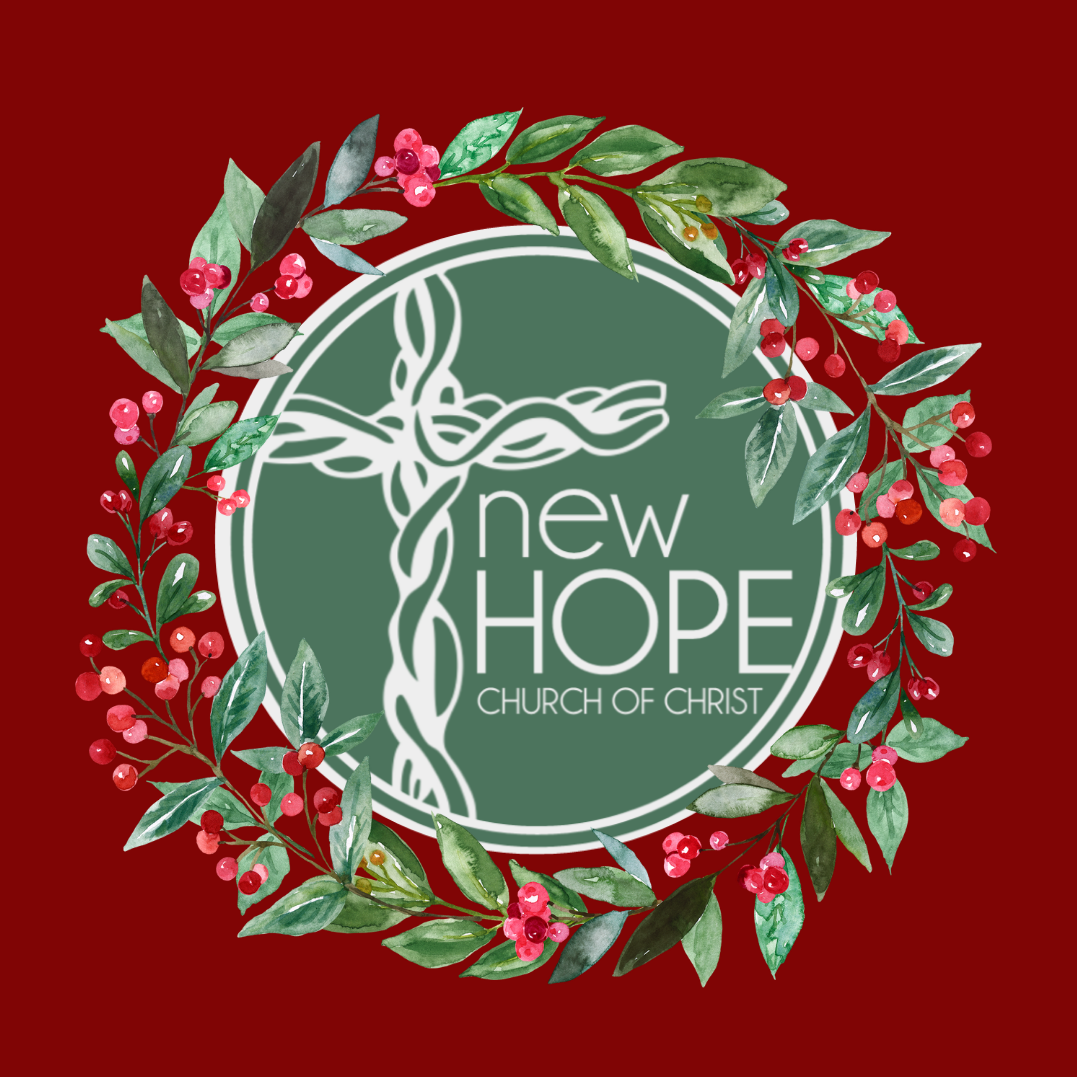 The logo for new hope church of christ is surrounded by a wreath of leaves and berries.