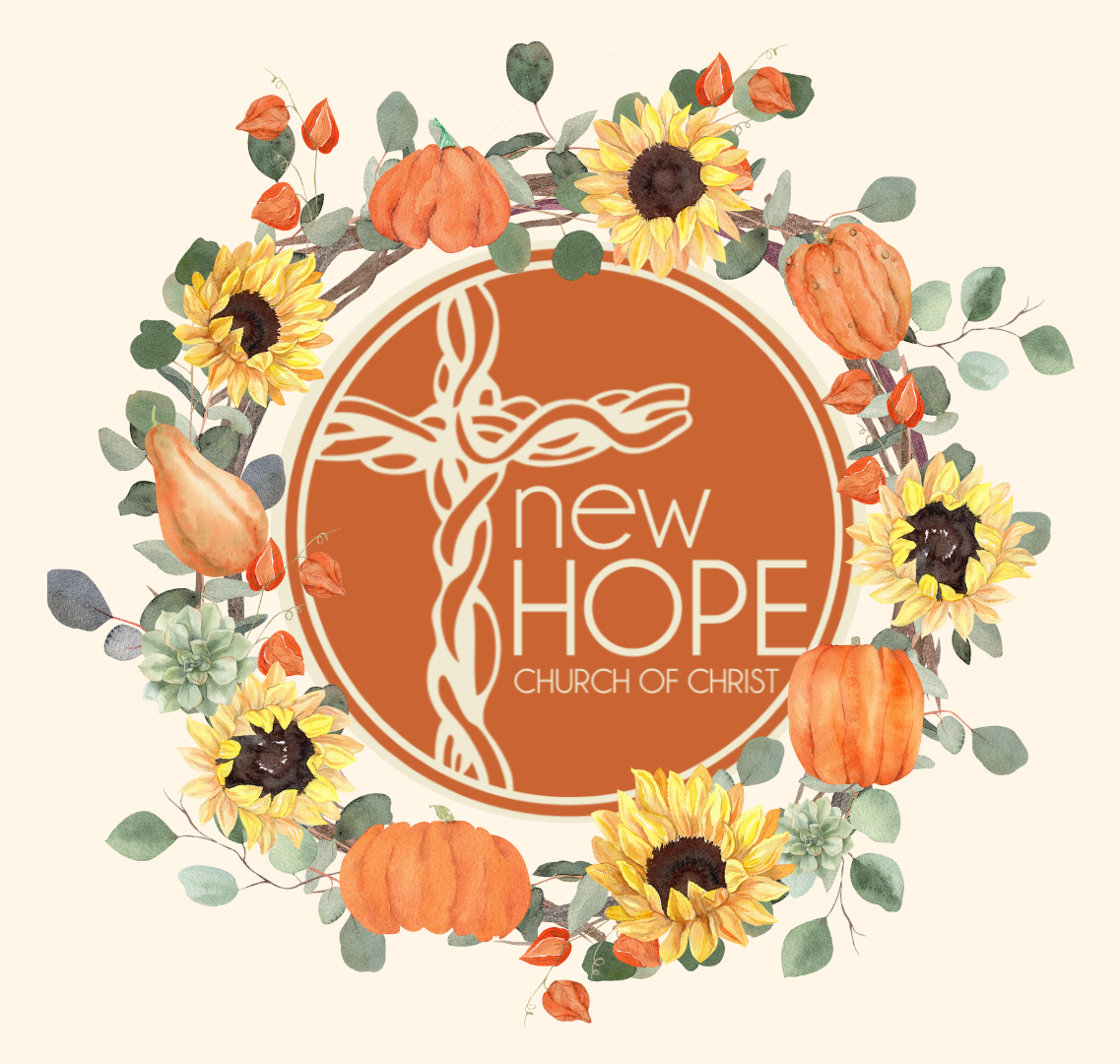 The logo for new hope church of christ is surrounded by pumpkins and sunflowers.