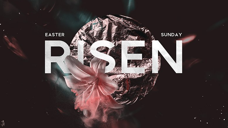 The word risen is on a black background with a flower in the middle.