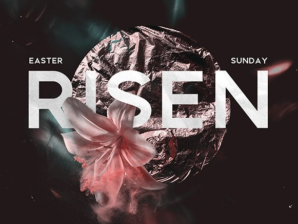 A poster for easter sunday with a flower in the middle