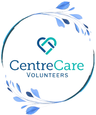 Logo for CentreCare Volunteers, featuring a blue and teal heart symbol within a floral frame.