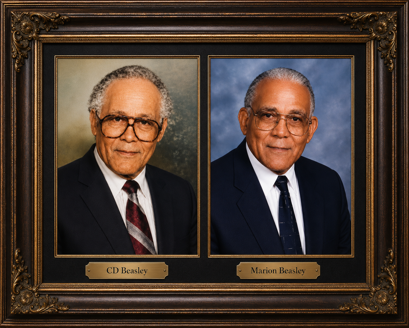 Framed tribute with two formal portrait photos and gold nameplates beneath each.