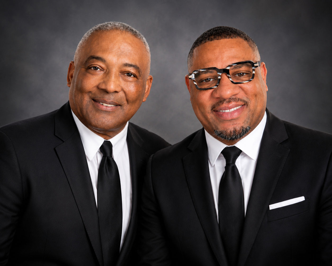 Two men in black suits and ties smiling against a gray studio background
