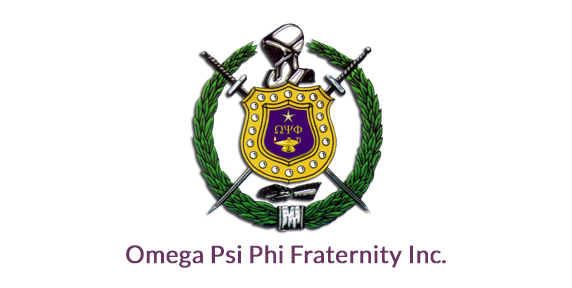 Omega Psi Phi Fraternity Inc. logo with purple and gold shield, crossed swords, and green wreaths