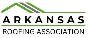 Arkansas Roofing Association logo with black text and a green roof line