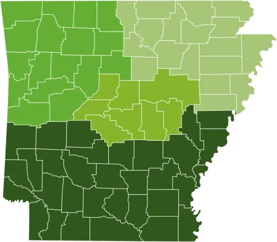 Green-toned county map with outlined regions, darker in the south and lighter in the north.
