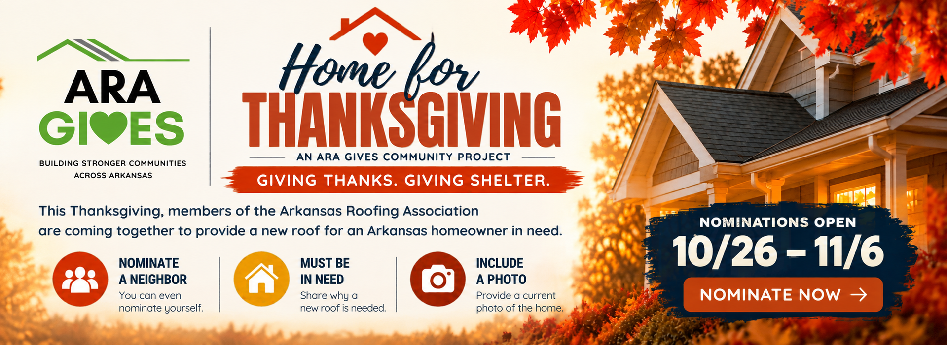 ARA Gives “Home for Thanksgiving” food drive banner with dates 10/26–11/6 and fall leaves/house graphic