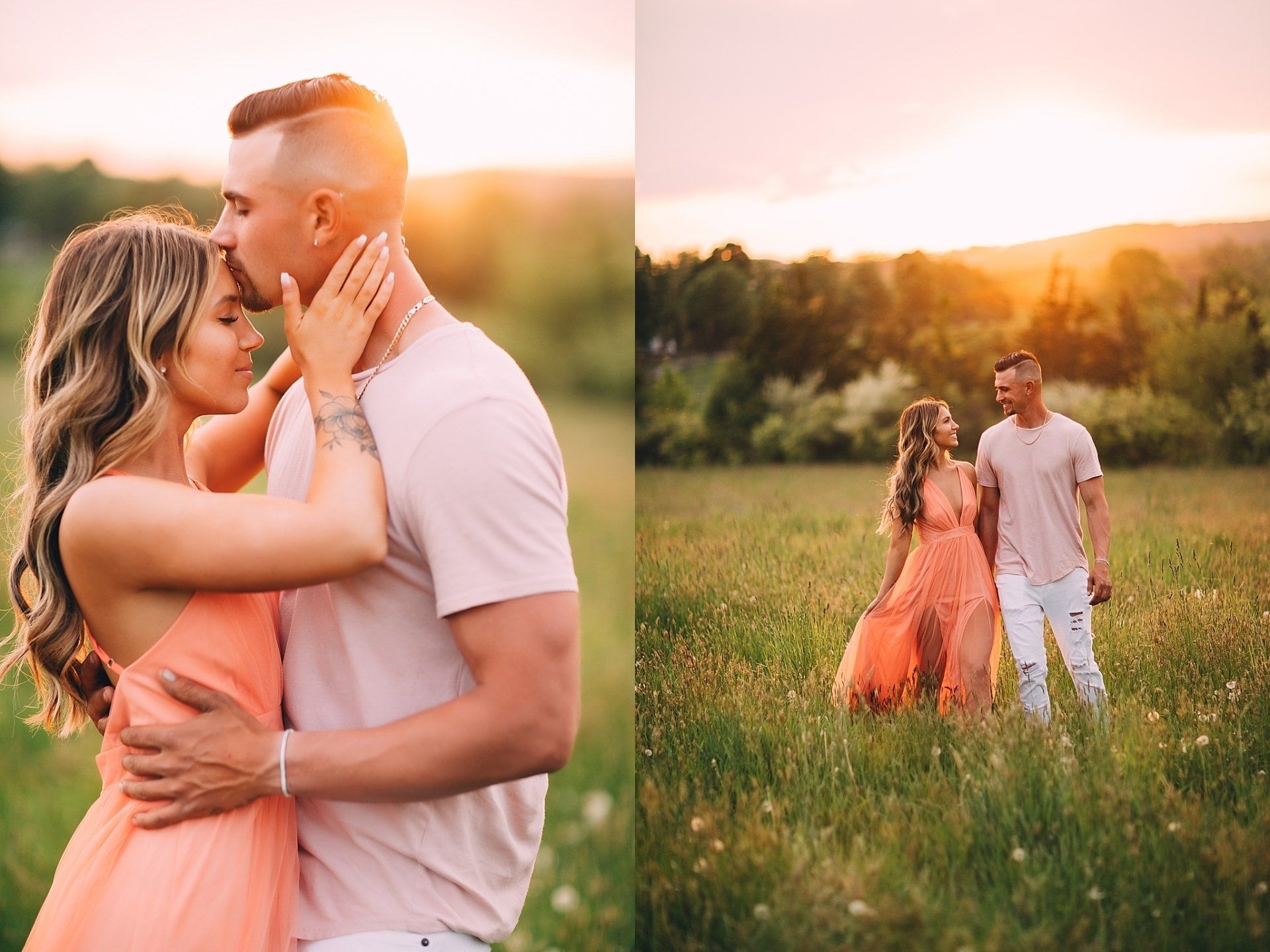 Couple embracing in a field at sunset. Woman in orange dress, man in pink shirt and white pants.