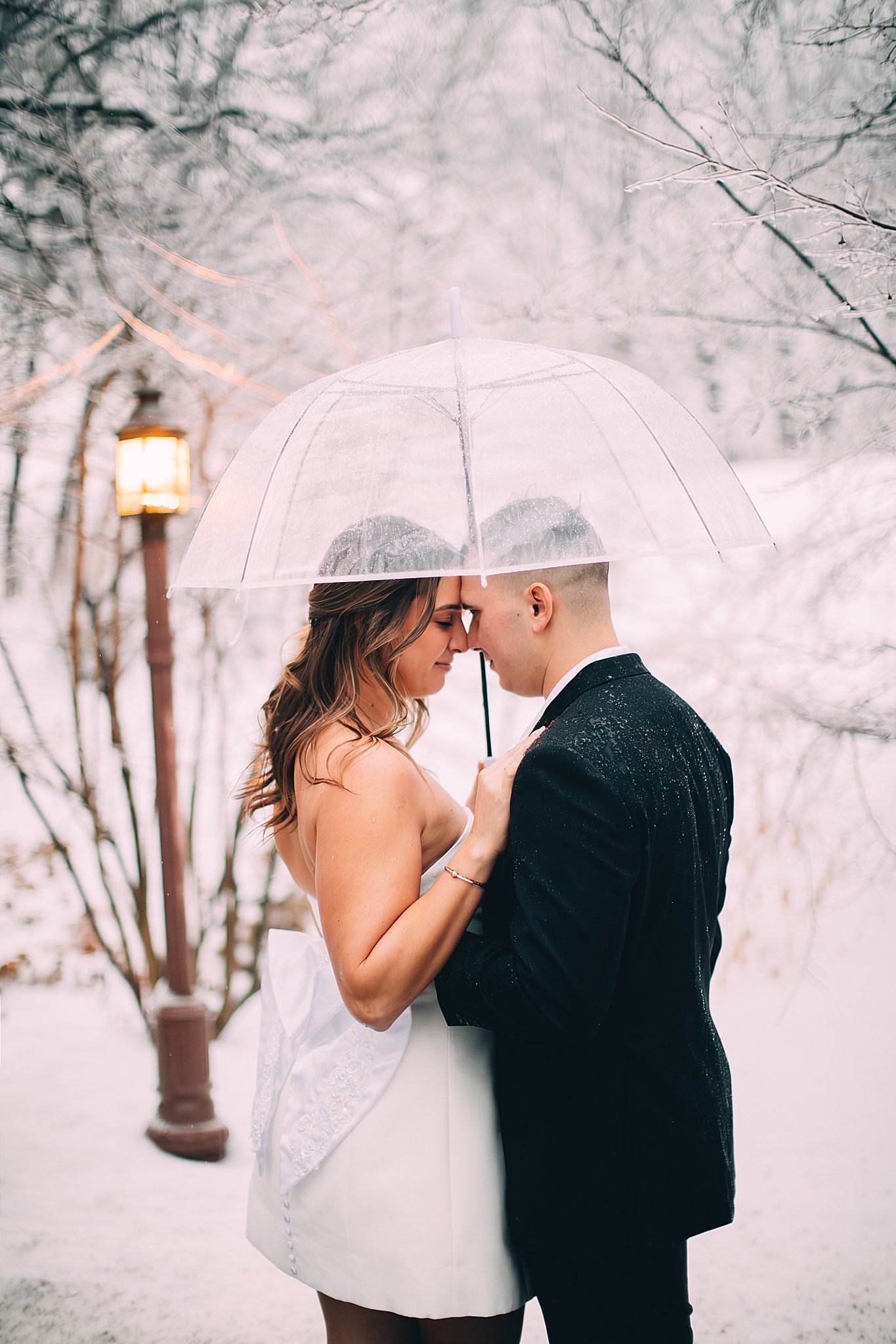 Couple under a clear umbrella, snow falling, in a snowy outdoor setting, romantic embrace.