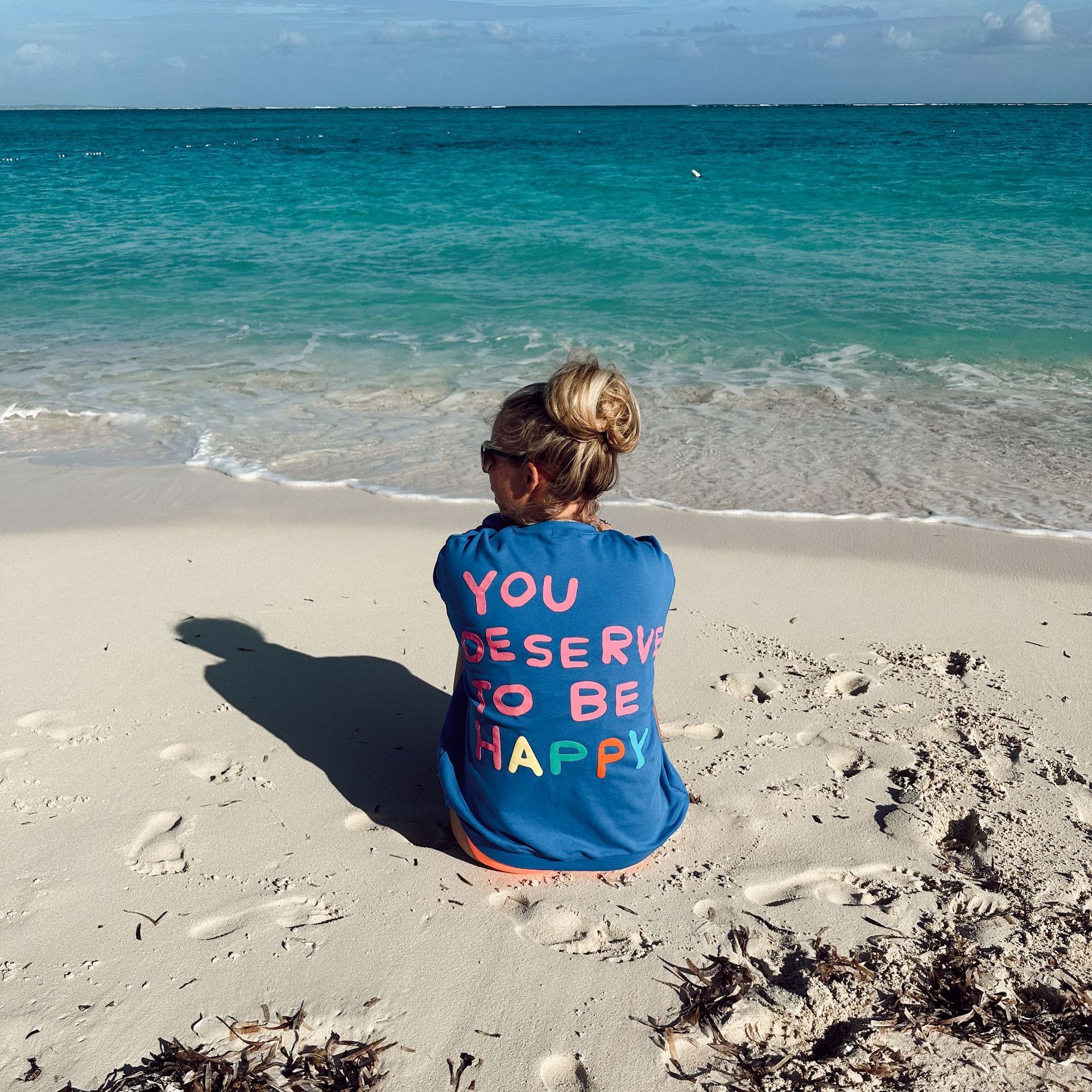 Person sitting on beach, back to camera, wearing blue shirt with 