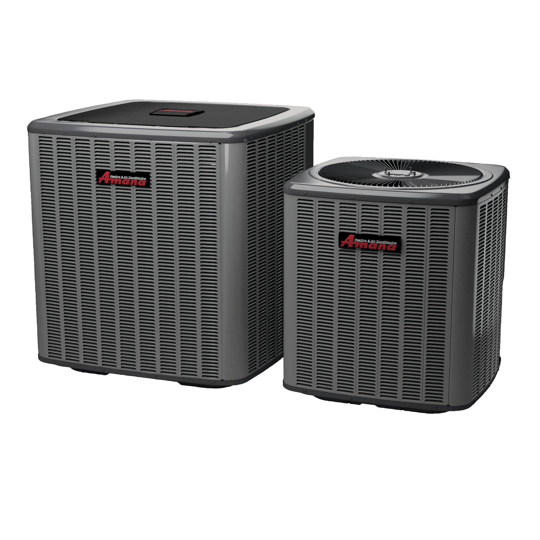 Two air conditioners are sitting next to each other on a white background.