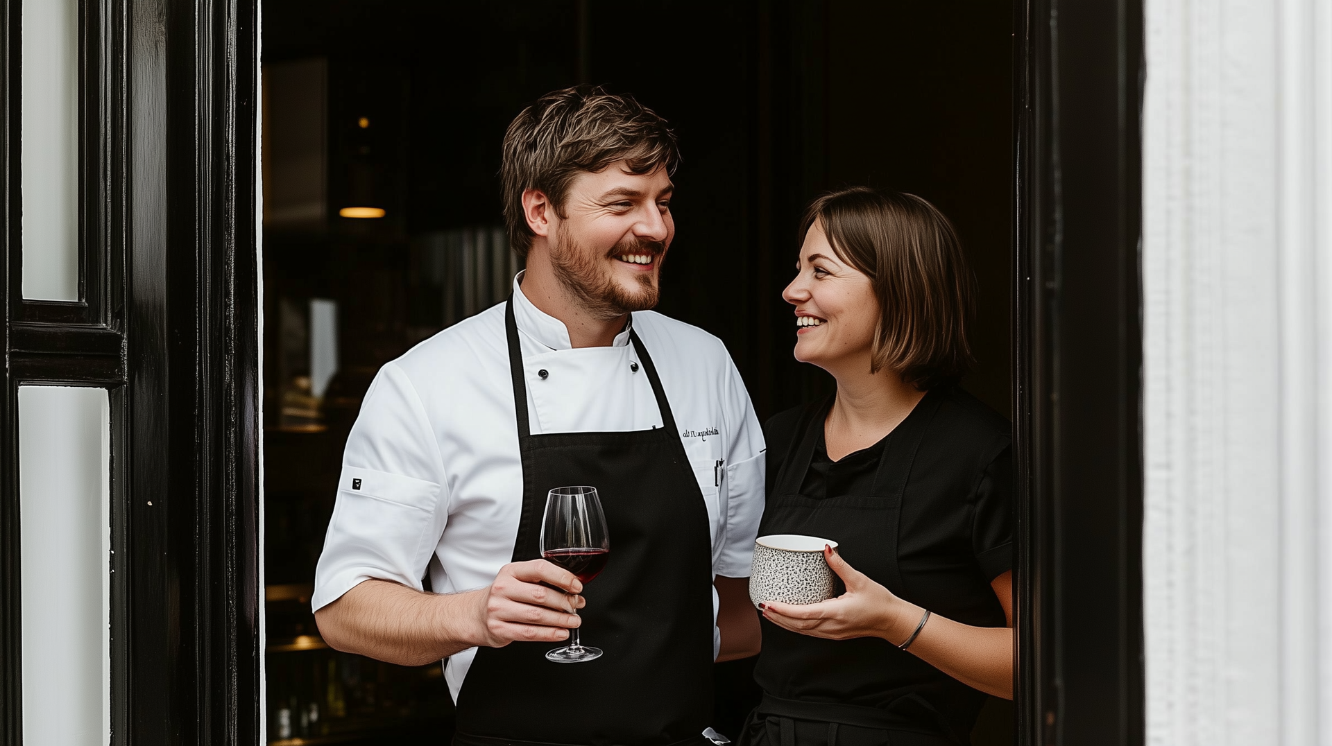 Duas funcionárias sorridentes de um café, usando aventais, conversam na porta, segurando bebidas.