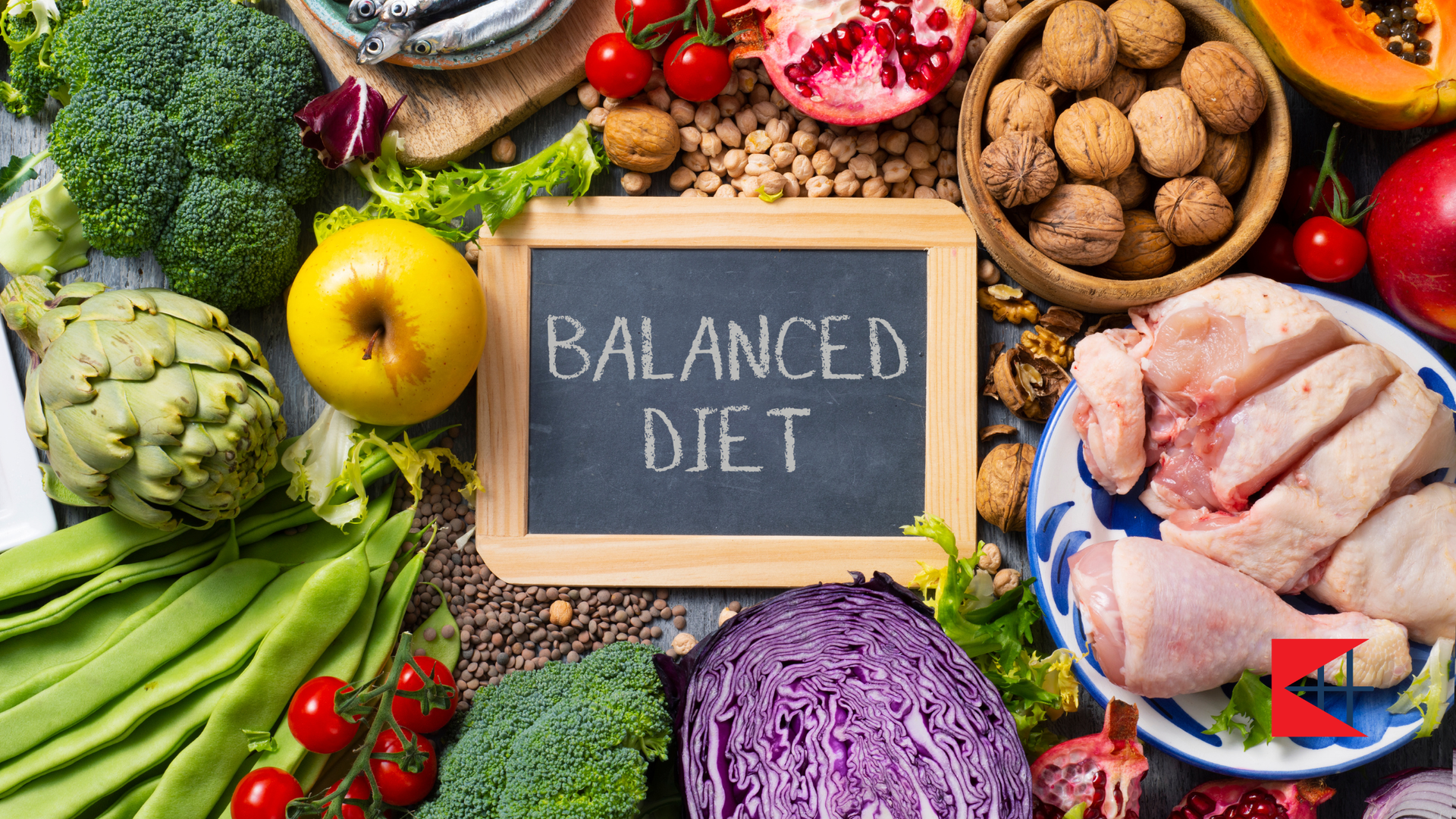 Balanced diet: Various fruits, vegetables, nuts, grains, and raw chicken, surrounding a chalkboard sign.