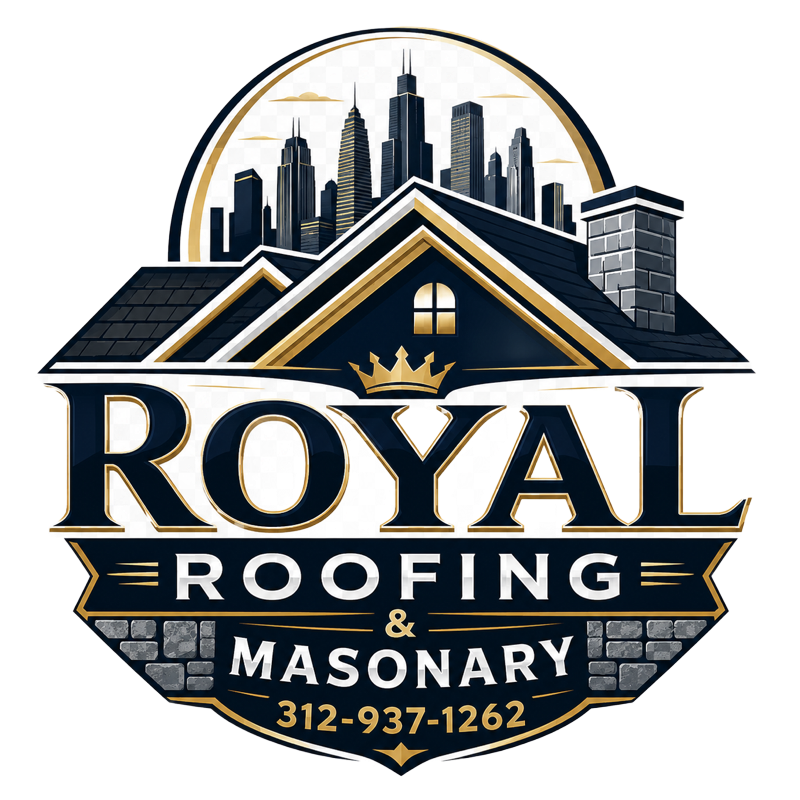 Royal Roofing & Masonry logo with house, city skyline, and phone number 312-937-1262