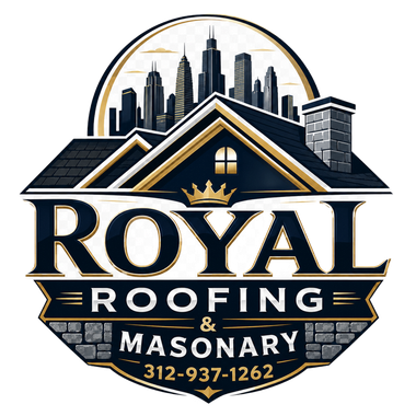 Royal Roofing & Masonry logo with house, city skyline, and phone number 312-937-1262