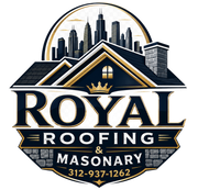 Royal Roofing & Masonry logo with skyline, house roof, crown, and phone number 312-937-1262