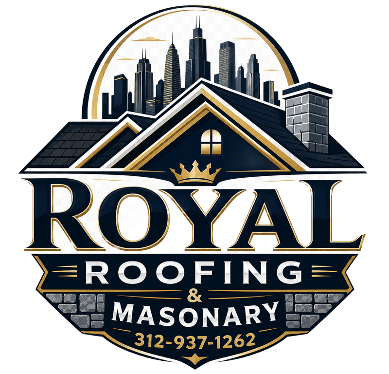 Royal Roofing & Masonry logo with skyline, house roof, crown, and phone number 312-937-1262