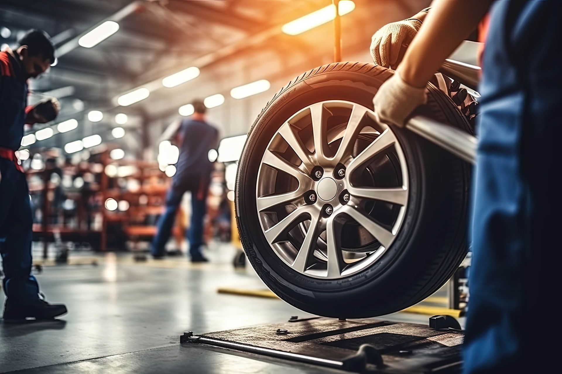 Professional mechanic changing a tire at a modern auto repair shop for vehicle maintenance.