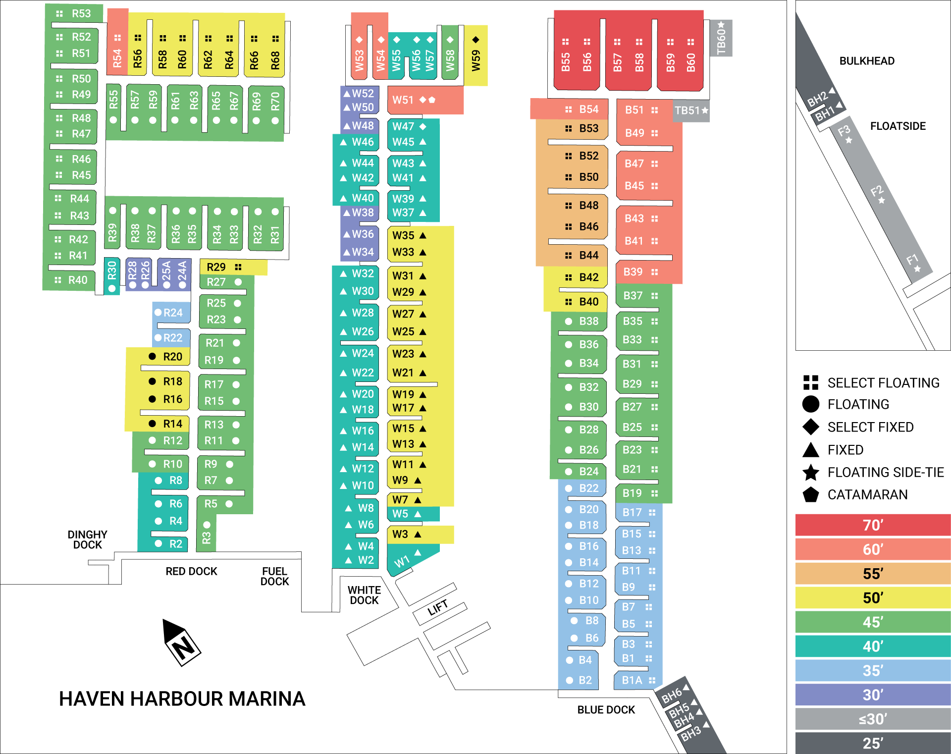 Color-coded map of marina indicating available boat dockage and selection