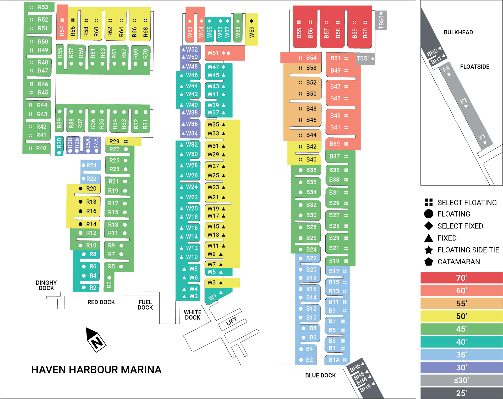 Color-coded map of marina indicating available boat dockage and selection