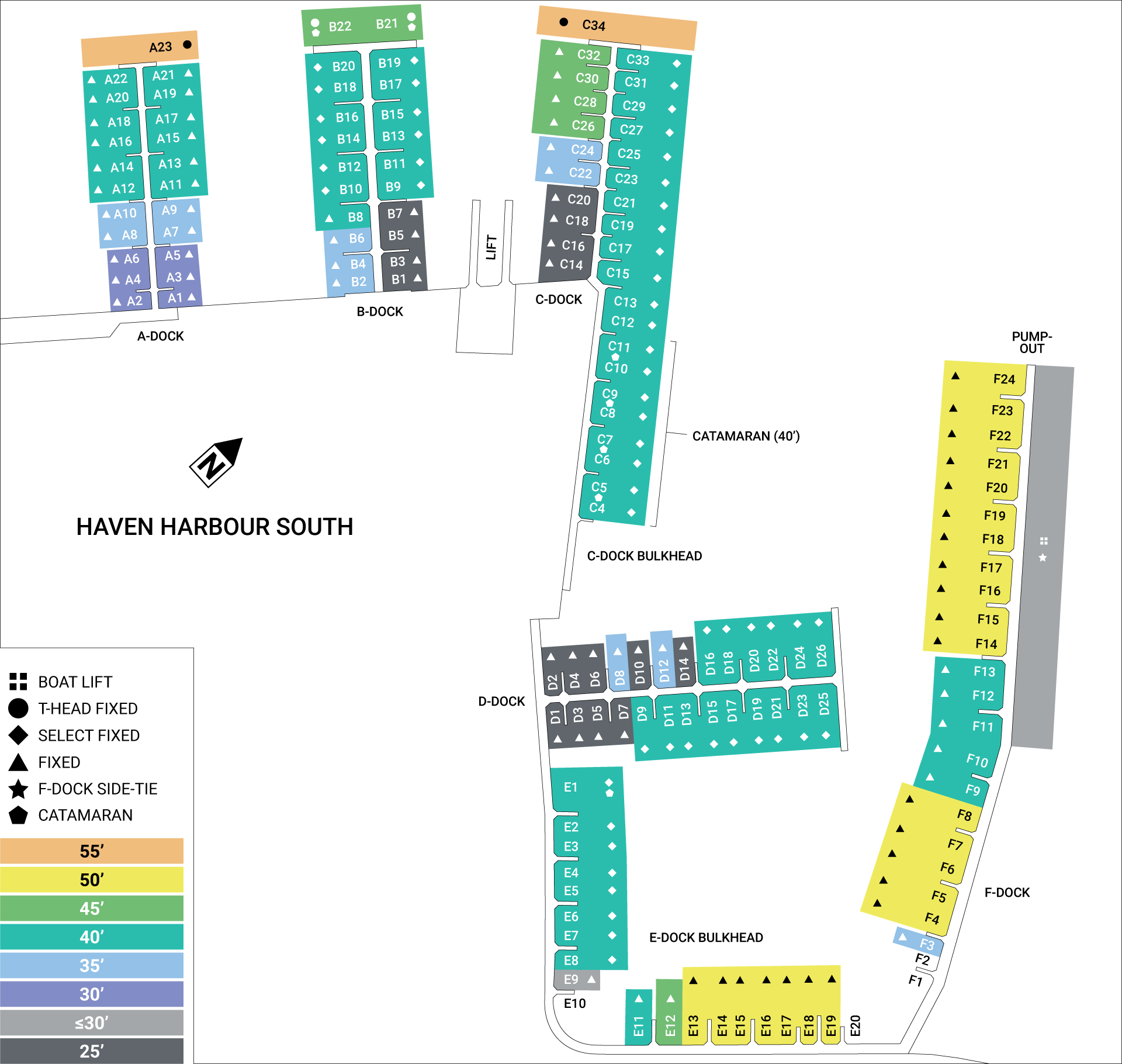 Color-coded map of marina indicating available boat dockage and selection