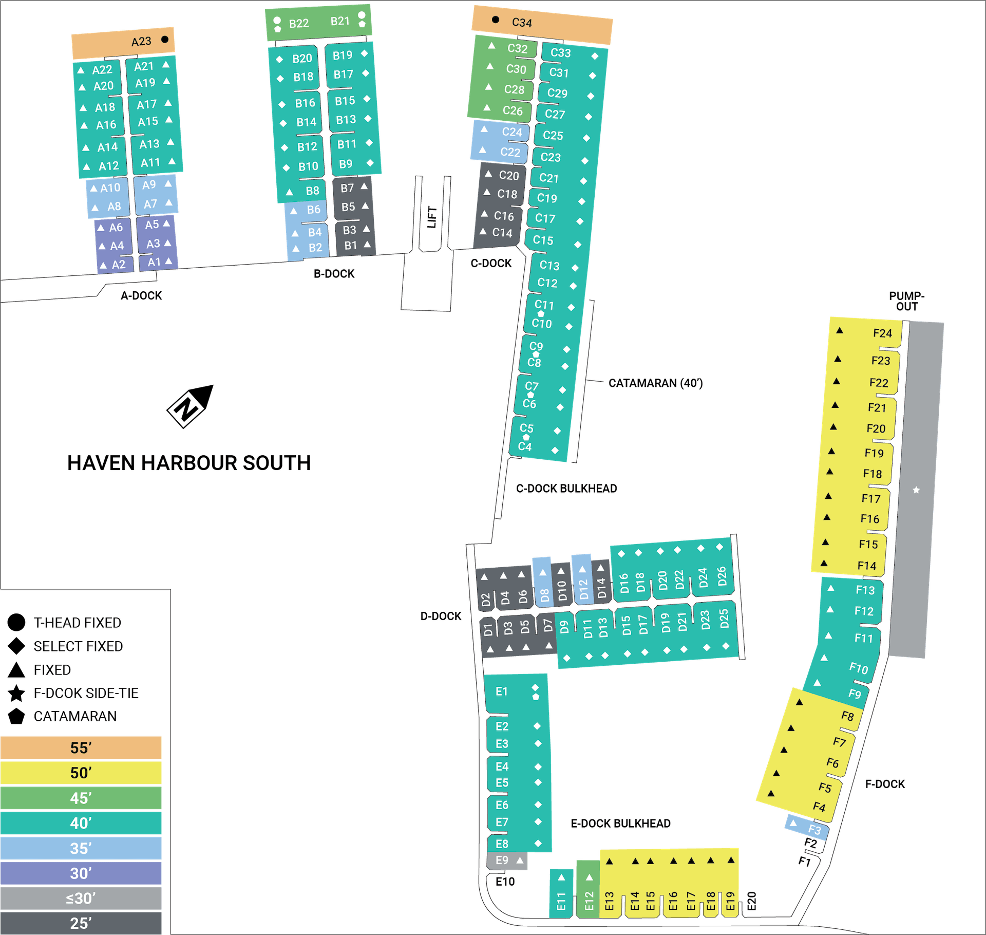 Color-coded map of marina indicating available boat dockage and selection