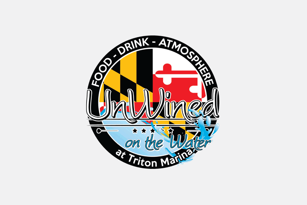Logo for UnWined on the Water restaurant with Maryland flag and waves on pale teal background