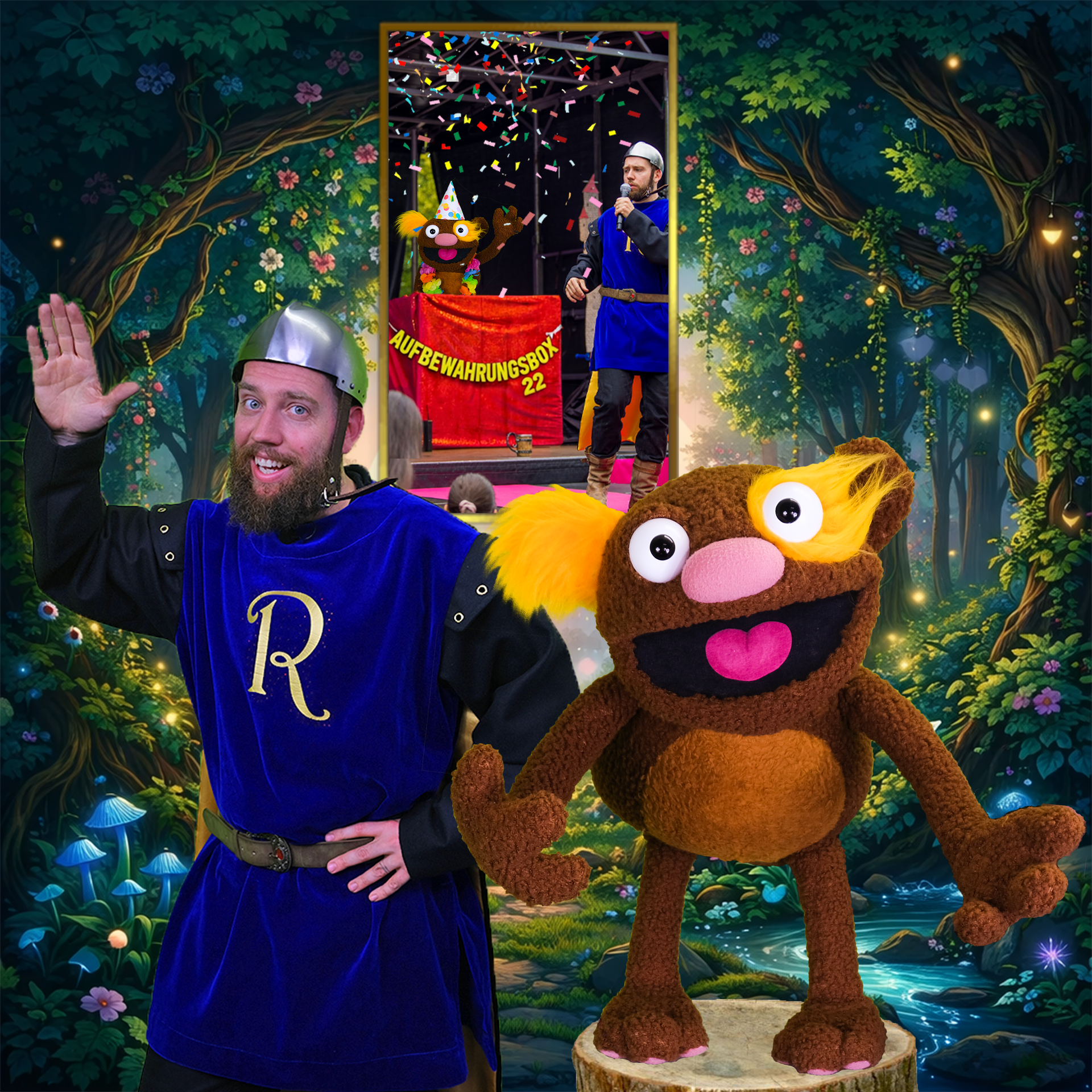 A man in a mask and puppet dressed as a bat. Text reads: 