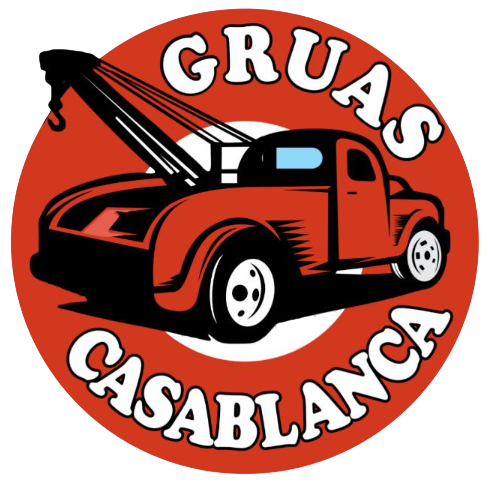 Logotipo de una grúa roja con el texto “GRUAS CASABLANCA” sobre un fondo circular rojo.