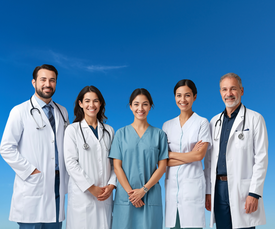 Cinque professionisti sanitari in camice bianco e divisa da lavoro, in piedi uno accanto all'altro su uno sfondo blu.