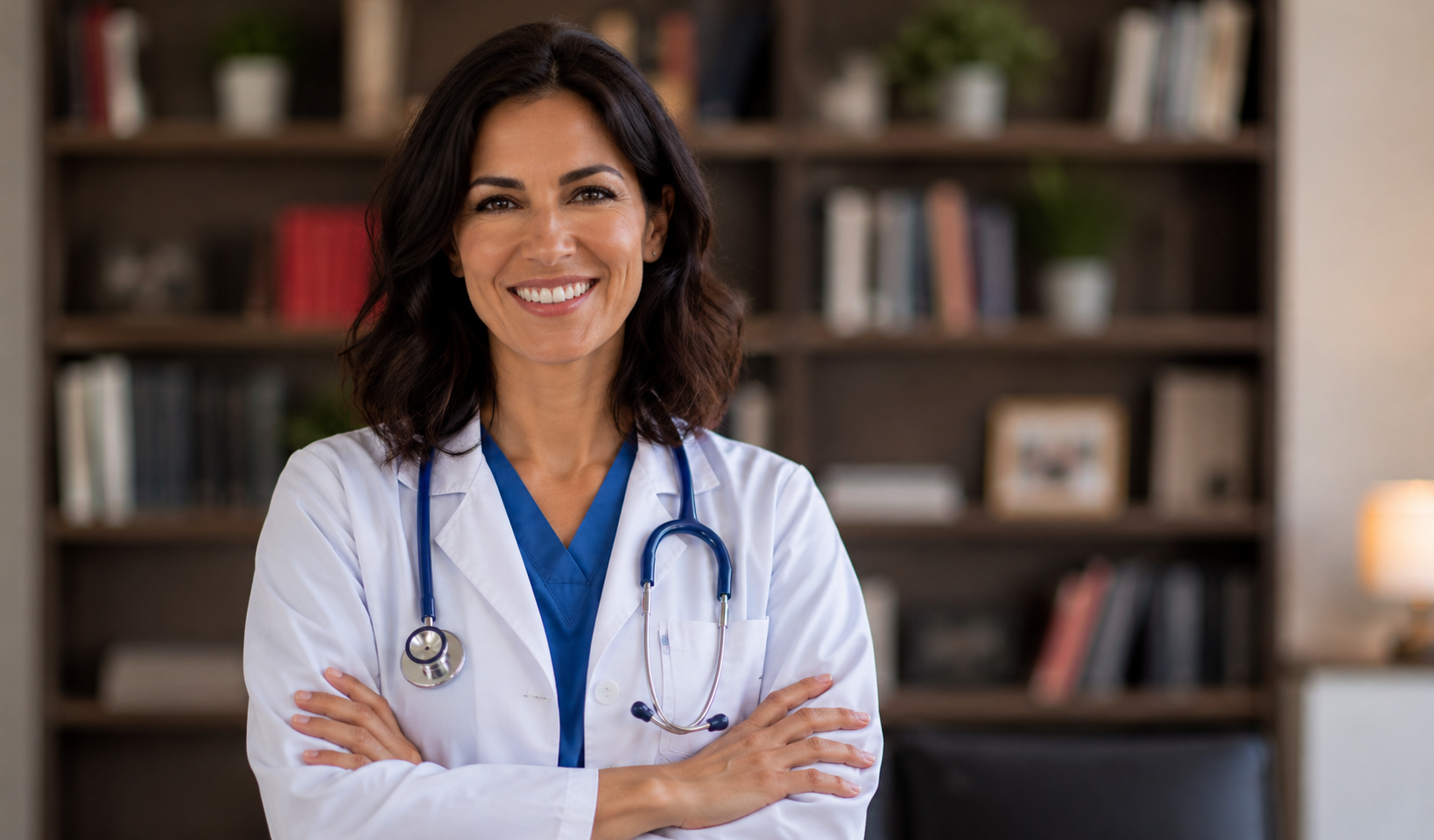 Medico sorridente in camice bianco con stetoscopio, in piedi con le braccia incrociate in un ufficio.
