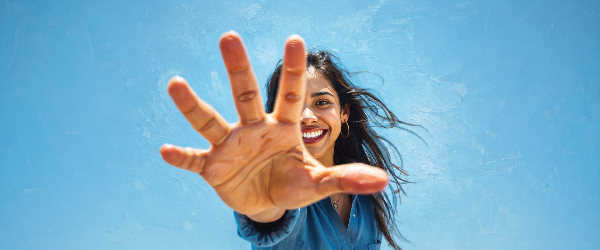 Persona sorridente che si protende verso la telecamera sullo sfondo di un cielo azzurro brillante.