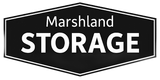 Black and white logo for Marshland Storage. Text on a dark hexagon with a white border.