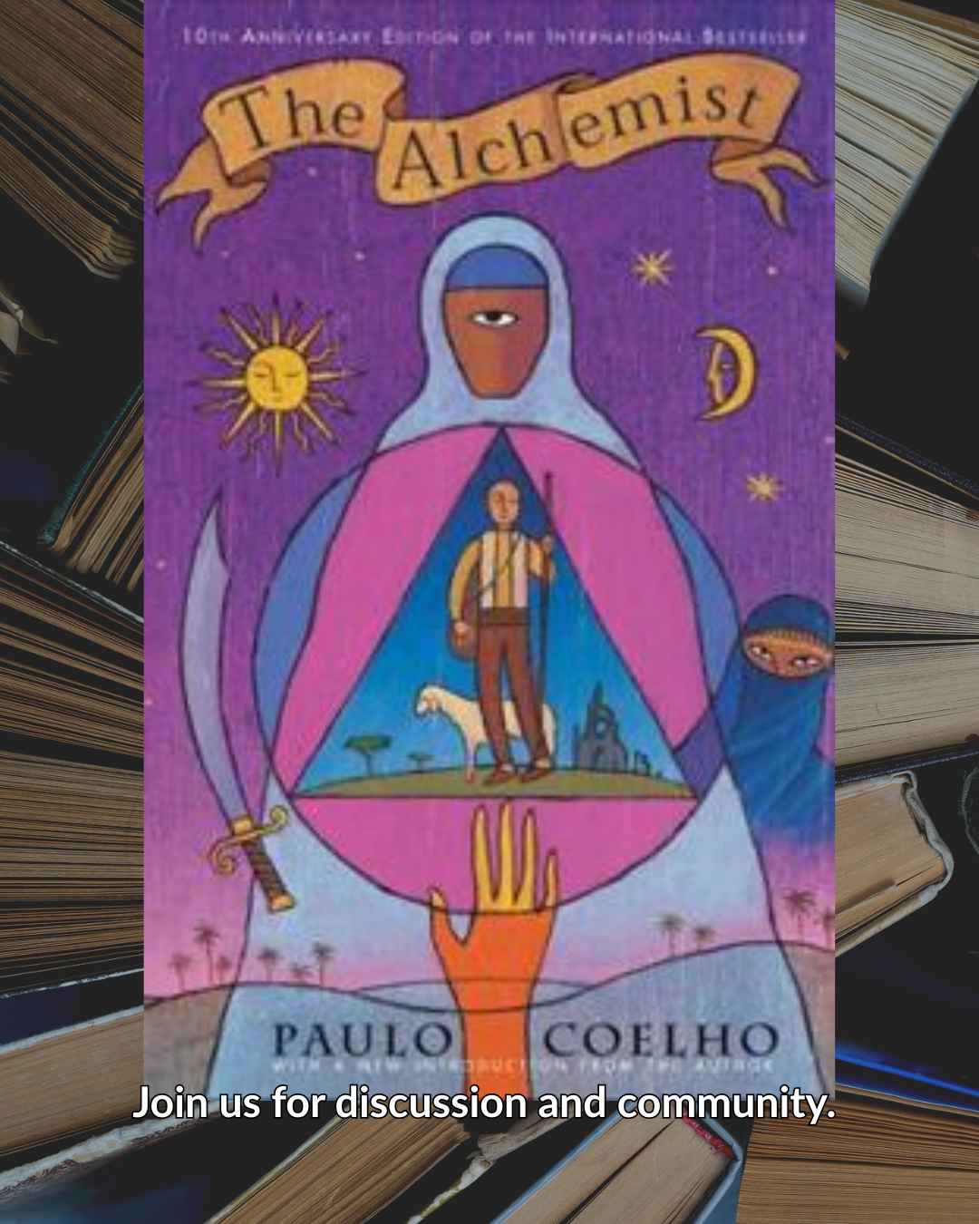 Book cover of The Alchemist by Paulo Coelho, featuring a purple background and a hooded figure.