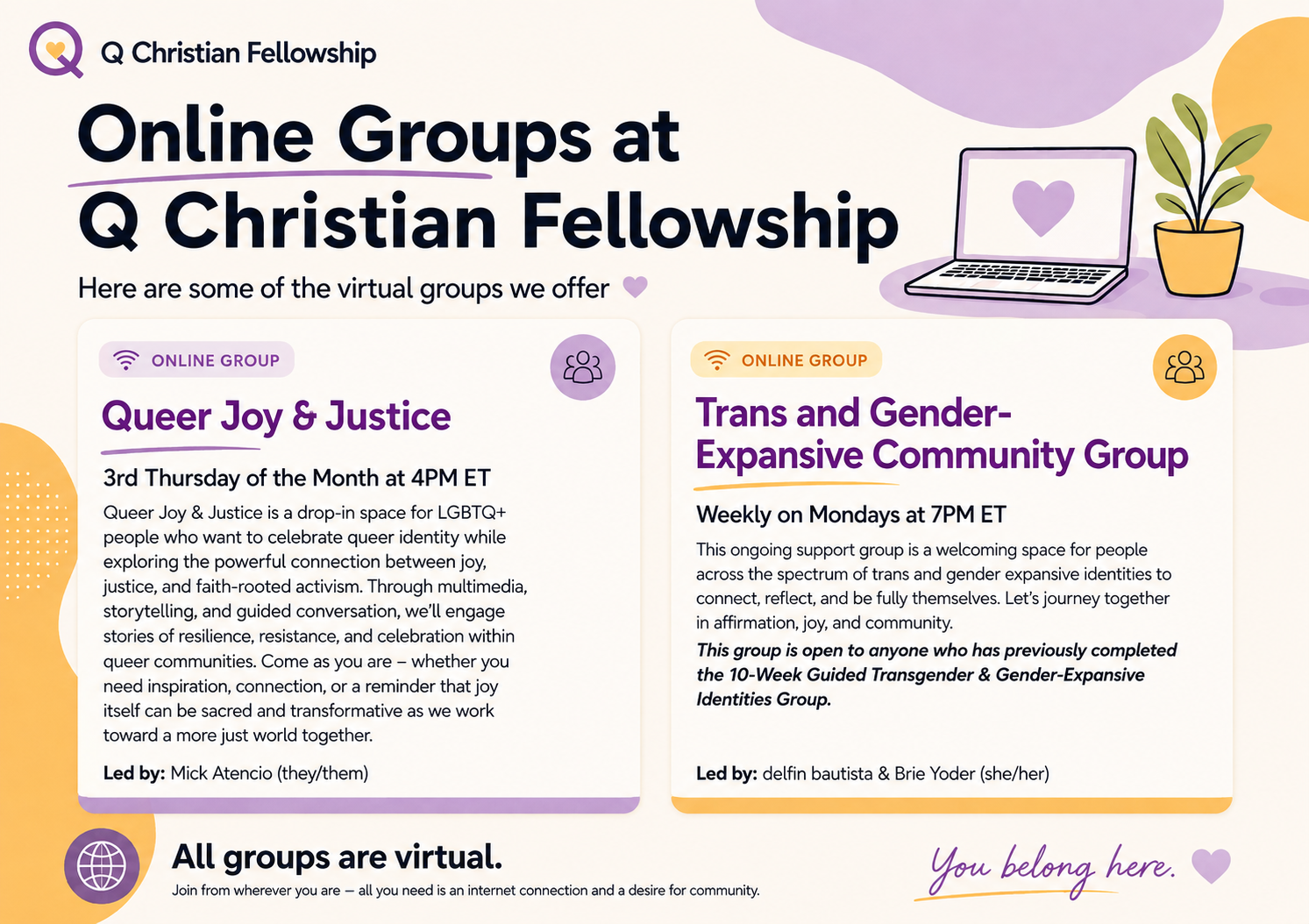 Q Christian Fellowship flyer with two virtual groups: Queer Joy & Justice and Trans and Gender-Expansive Community Group