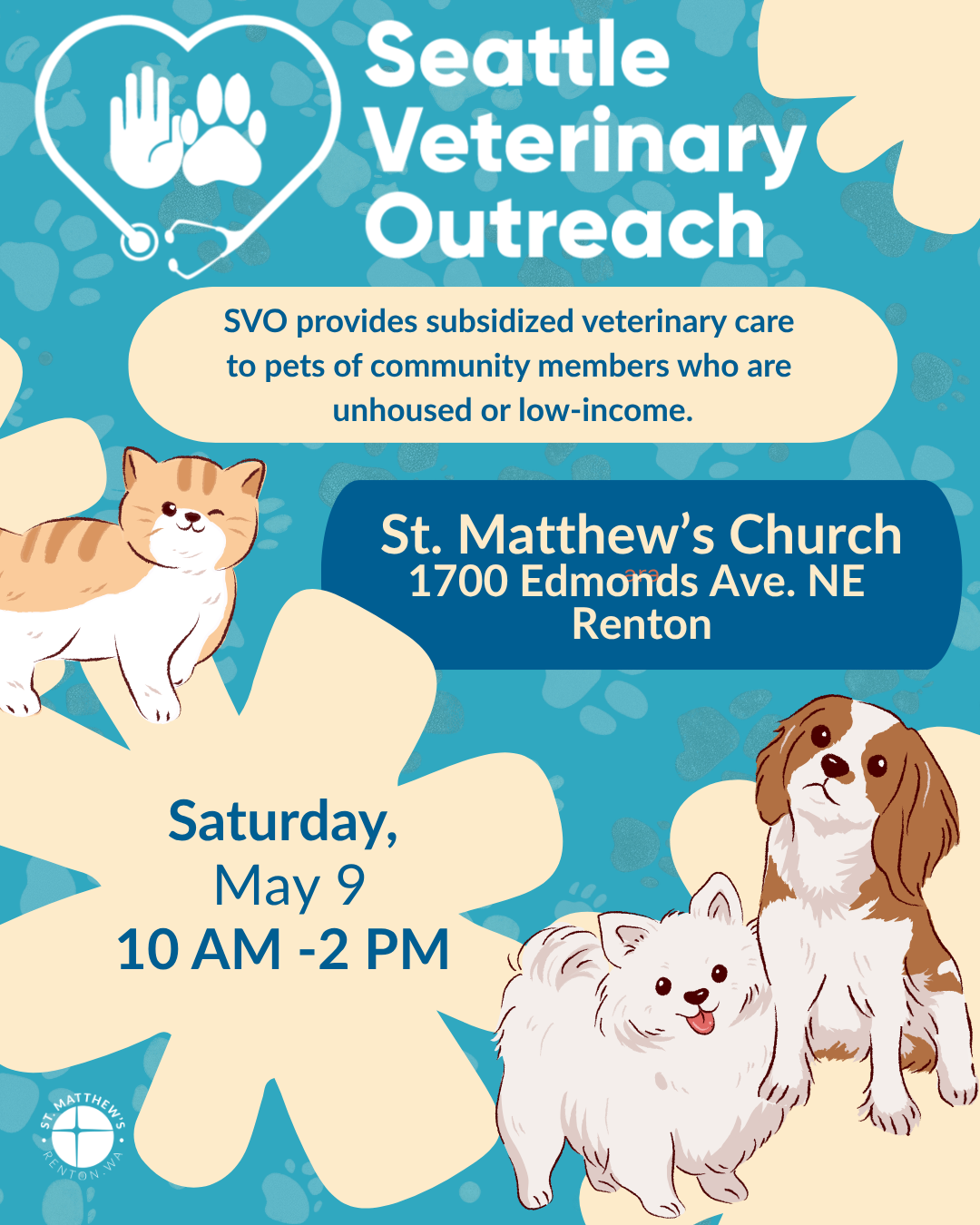 Seattle Veterinary Outreach flyer for subsidized pet care Sat. May 9, 10 AM–2 PM.