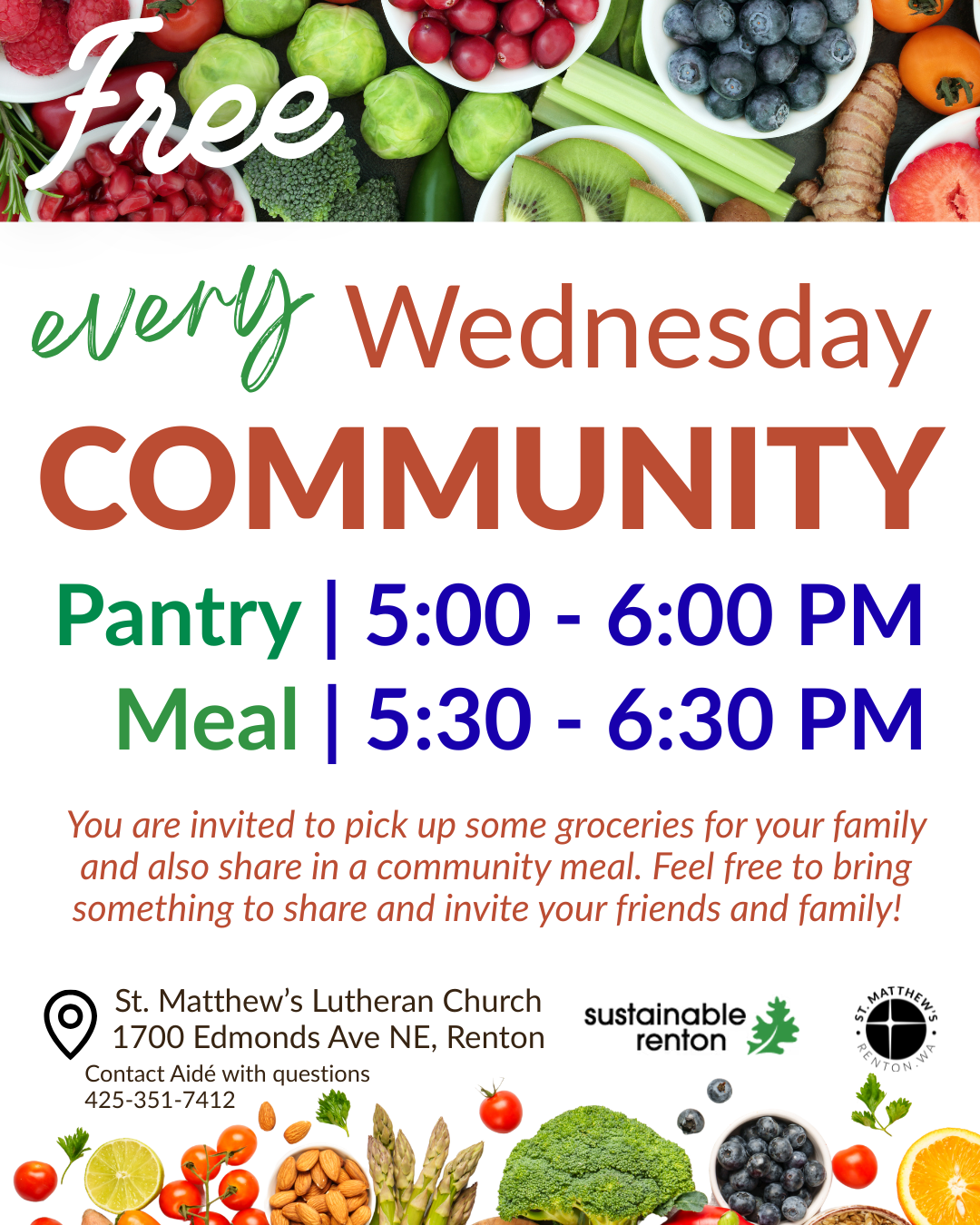 Free Wednesday community pantry and meal at St. Matthew’s Lutheran Church in Renton.