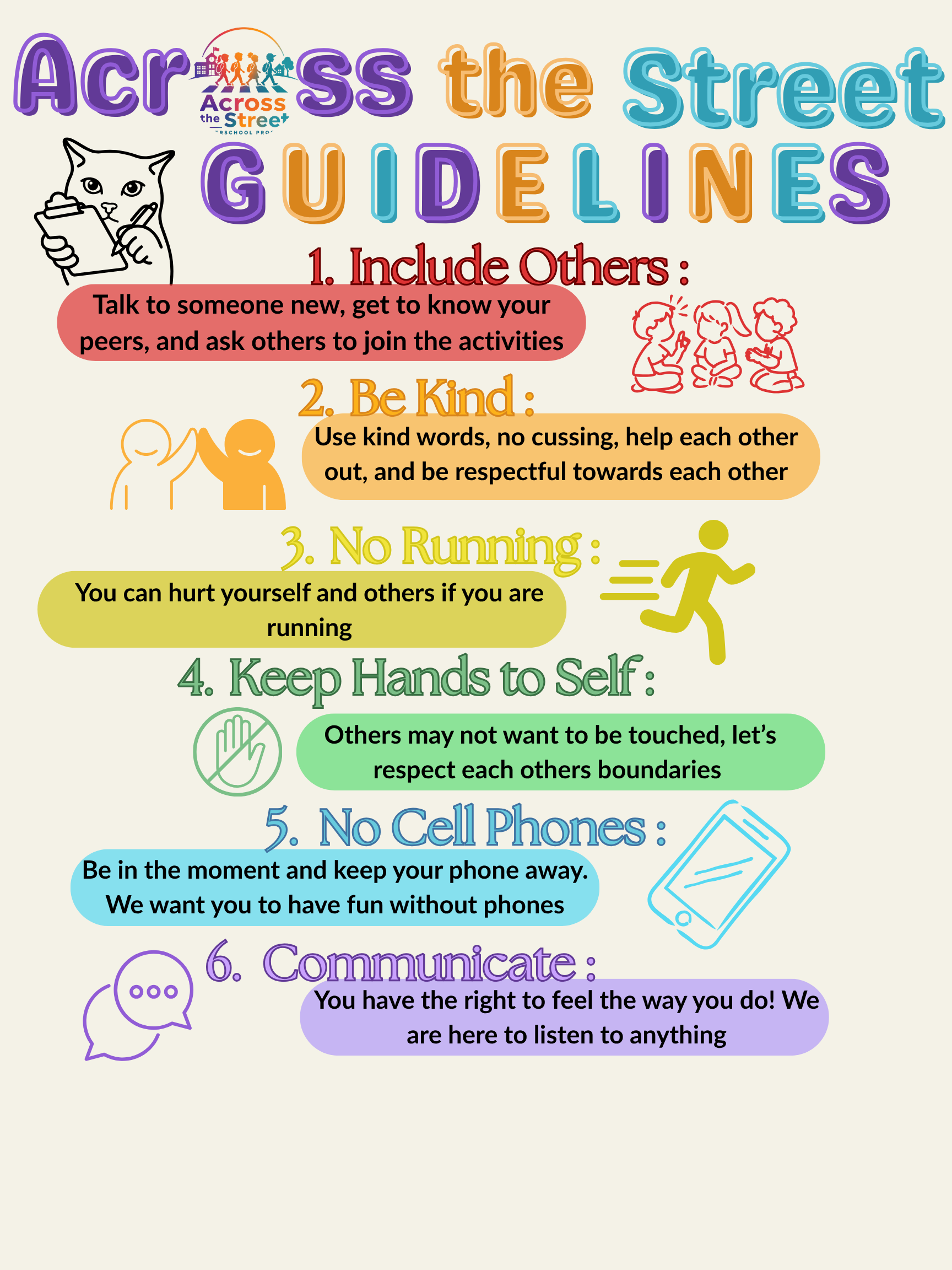 Colorful poster titled “Across the Street Guidelines” with five pedestrian safety rules and cartoon icons.