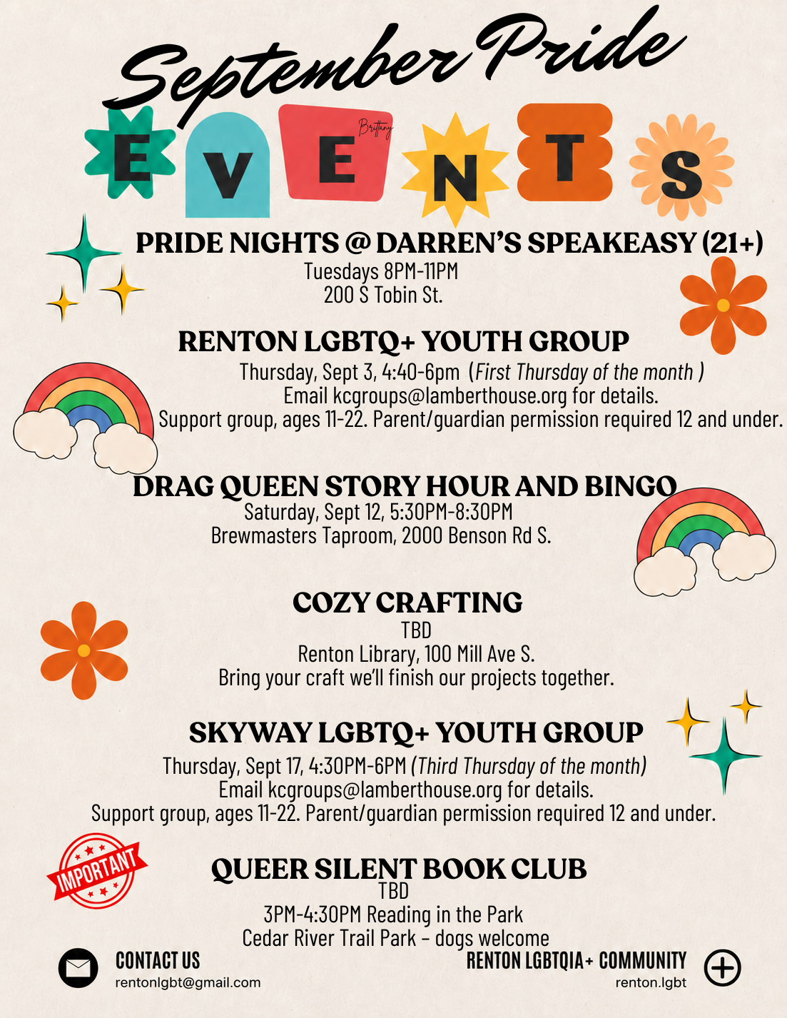 August Pride Events poster listing Pride nights, youth groups, drag queen bingo, crafting, and book club.