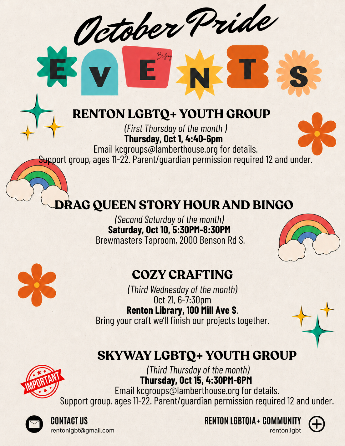 August Pride Events poster listing Pride nights, youth groups, drag queen bingo, crafting, and book club.