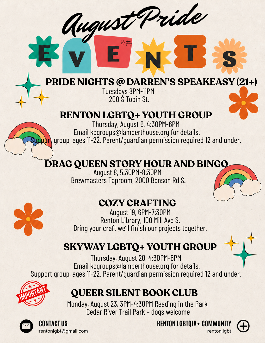 August Pride Events poster listing Pride nights, youth groups, drag queen bingo, crafting, and book club.