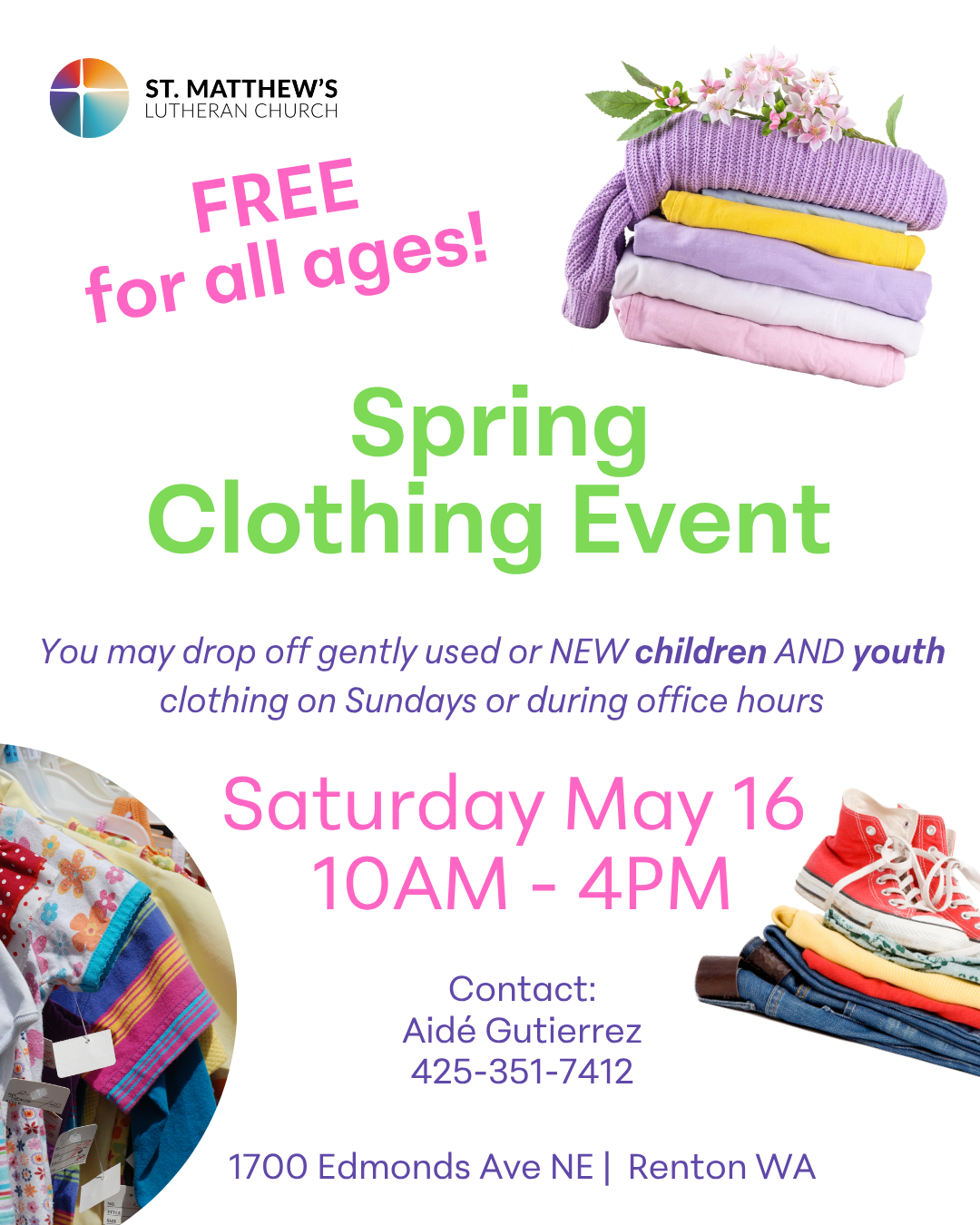 Spring Clothing Event flyer with pastel folded clothes, free all ages, May 16, 10 AM–4 PM, Renton WA