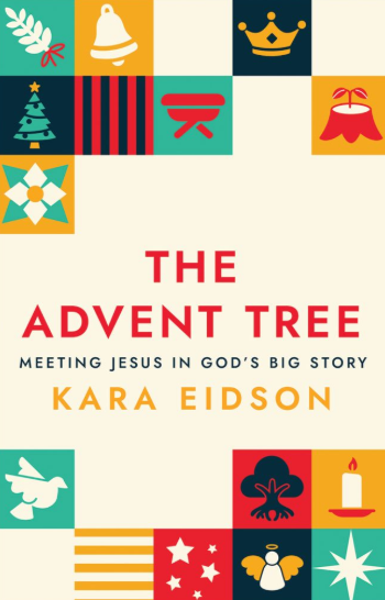 Book cover for "The Advent Tree" by Kara Eidson, with colorful Christian holiday icons on a cream background