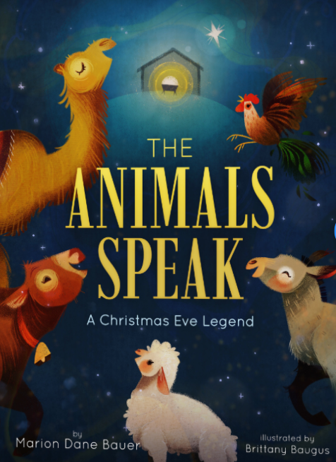Book cover with colorful animals around the title “The Animals Speak” and subtitle “A Christmas Eve Legend”