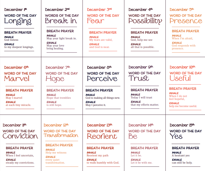 Grid of “Word of the Day” cards for December, each with a title and “Breath Prayer” text in red and black.