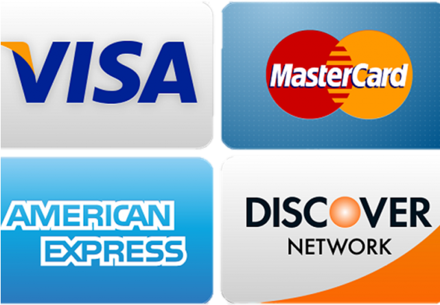Logos for Visa, Mastercard, American Express and Discover cards
