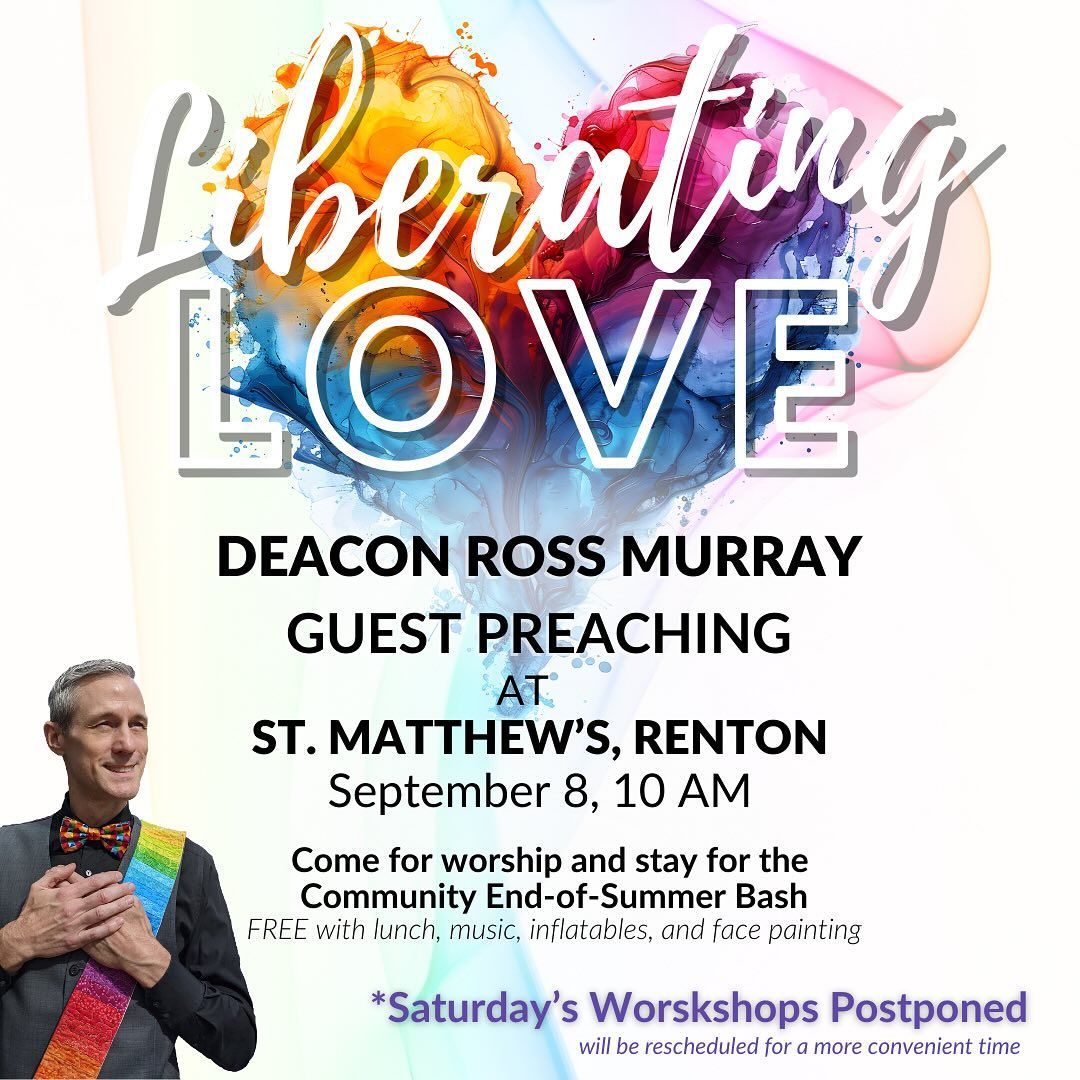 “Liberating Love” church event poster with speaker details, St. Matthew’s Renton, Sept. 8–10, 2024