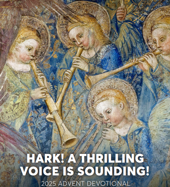 Medieval angel musicians in blue and gold with text, “Hark! A thrilling voice is sounding!”