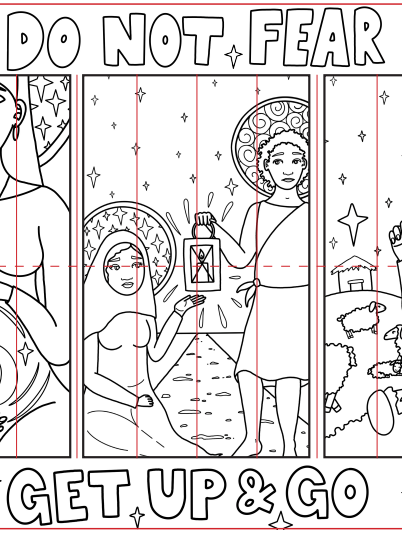 Comic-style line art of two figures with text: “DO NOT FEAR” and “GET UP & GO.”